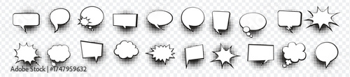  retro empty comic speech bubbles set with black halftone shadows