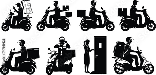 Delivery scooter silhouette, courier service icon set, food transport, parcel logistics, black vector illustration, urban shipping, minimal design concept