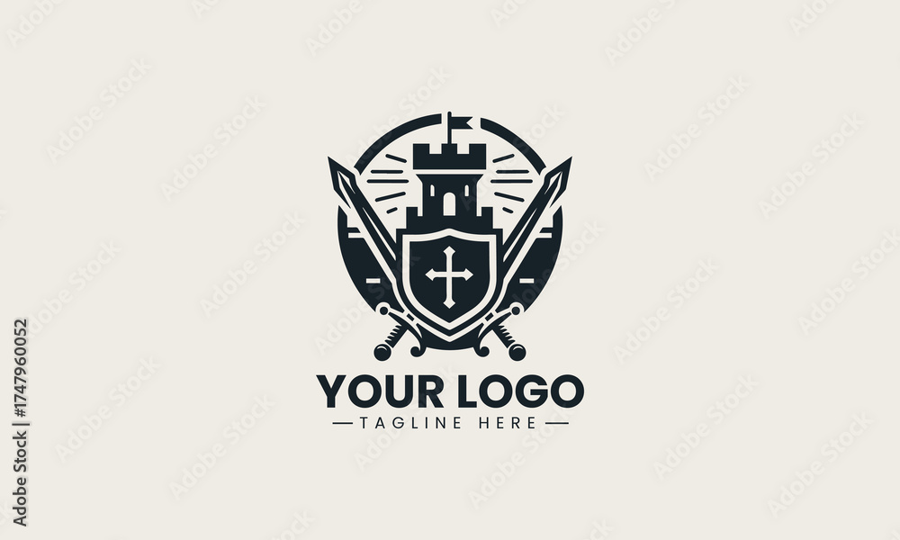 Obraz premium Powerful black vector logo illustration of a medieval castle crest featuring crossed swords and a shield for security branding