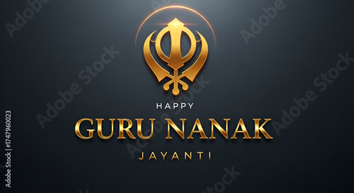 ​A Happy Guru Nanak Jayanti Greeting With A Golden 3D Khanda Symbol And Luminous Gold Text
