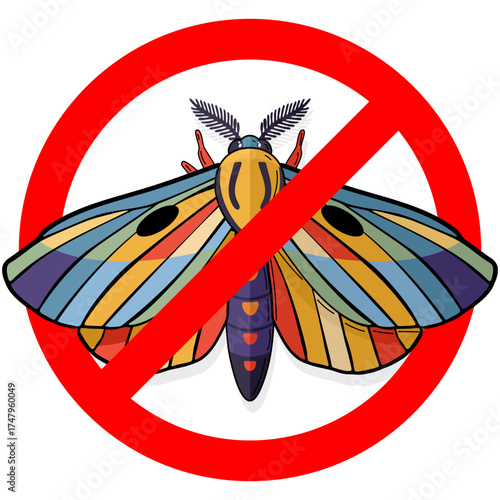 Prohibitory sign, moth insect crossed out by a red line. Pest control and insect repellent concept. For household pests control label.