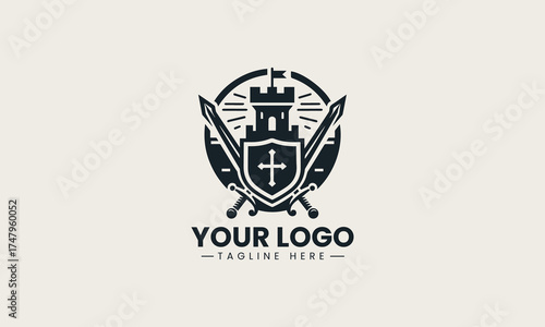 Powerful black vector logo illustration of a medieval castle crest featuring crossed swords and a shield for security branding