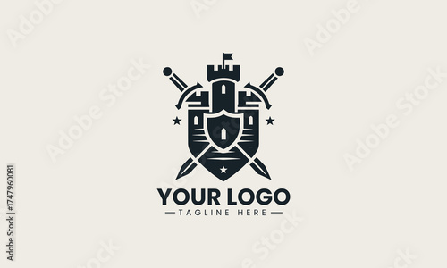 Powerful black vector logo illustration of a medieval castle crest featuring crossed swords and a shield for security branding