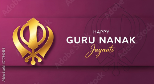 A Happy Guru Nanak Jayanti Banner With A Golden 3D Khanda And Elegant Typography On A Purple Background
