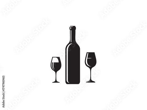 Wine Bottle and Two Glasses Vector – Celebration and Party Icon