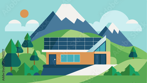 A solarpowered ecolodge nestled in the mountains with a green roof and surrounding gardens illustrating sustainable accommodation options for travelers.