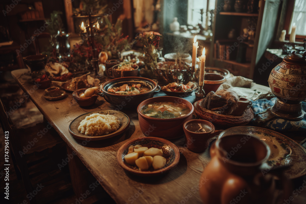 Fototapeta premium Winter feast inspired by Slavic traditions with a bountiful table spread