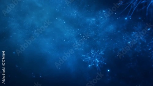 Abstract deep blue background with glowing particles, intricate light bursts, and sparkling effects, evoking magic, winter, or cosmic beauty.