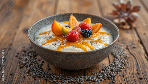 Fresh breakfast bowl with muesli, yogurt, and berries like strawberries and raspberries is a healthy, sweet, and nutritious fruit dessert
