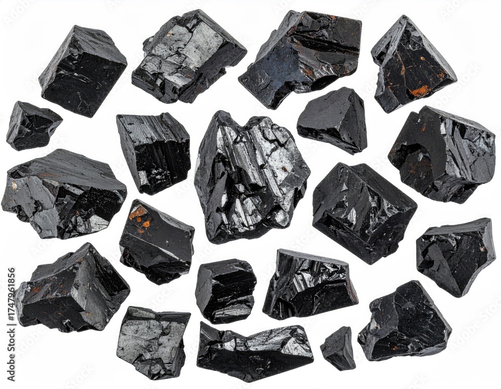 Naklejka premium Shiny black mineral chunks, rough edges, scattered light