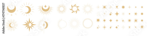 set gold moon sun and stars shine sparkle icon vector illustration