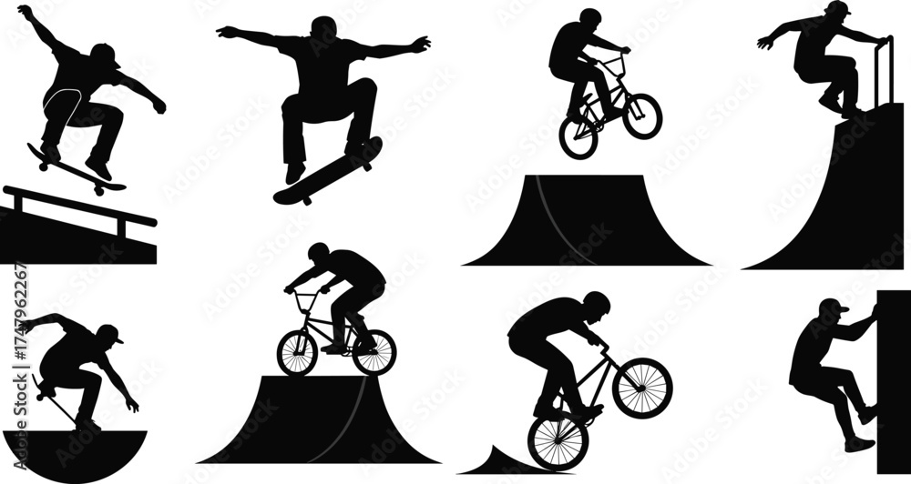 Fototapeta premium Extreme sports, skateboarding, BMX biking, wall climbing, stunt action, silhouette, trick performance, ramp riding, urban sport, flat vector illustration