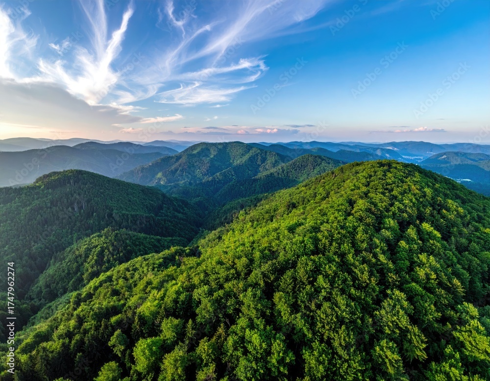 Obraz premium Rolling green forested hills under a vibrant blue sky
