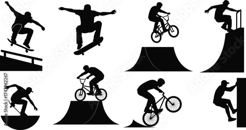 Extreme sports, skateboarding, BMX biking, wall climbing, stunt action, silhouette, trick performance, ramp riding, urban sport, flat vector illustration
