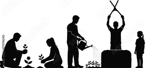 Gardening, planting, watering, pruning, teamwork, family activity, outdoor care, garden tools, nature, silhouette, child, flat vector illustration