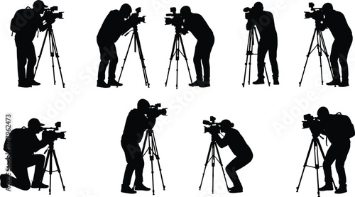 Photographer, tripod, camera setup, outdoor shooting, silhouette, photography posture, videography, backpack, kneeling, squatting, standing, flat vector illustration