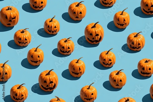 Halloween pumpkins in a repeating pattern on a light blue background