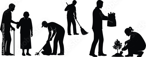 Community service, caregiving, social support, volunteer work, helping others, planting trees, cleaning environment, elderly care, flat vector illustration