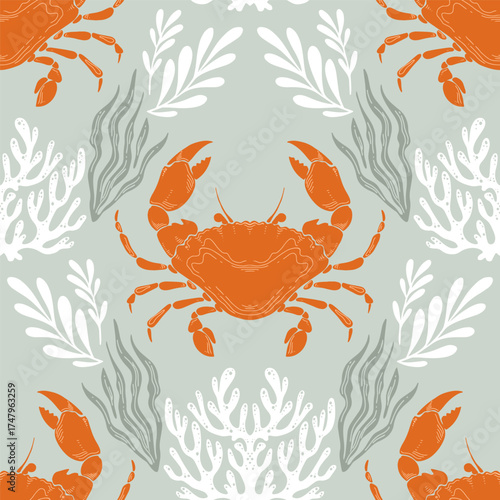 Orange Crab or crayfish Seamless Pattern with Seaweed on Green Background. Vintage coastal print with retro seafood illustrations. Perfect for marine designs, summer and seaside packaging