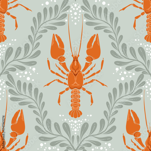 Lobster Seamless Pattern with Seaweed on Green Background. Vintage coastal print with retro seafood illustrations and ocean life. Perfect for marine designs, summer packaging, seaside decor
