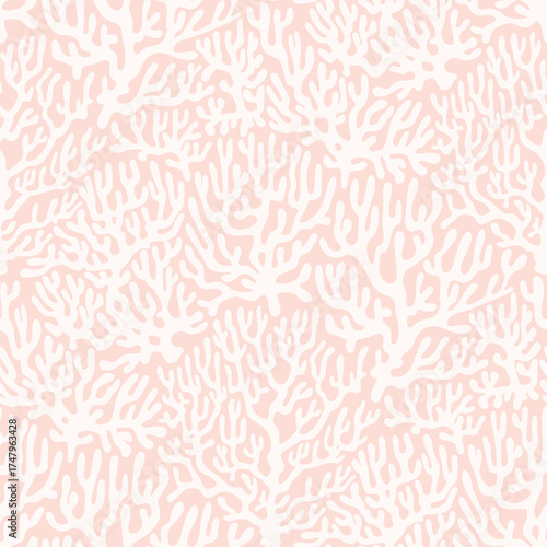 White Coral reef Seamless Sea Pattern on Pink Background. Vintage coastal Minimalistic boho Print with Coral branches. Underwater sea life, coral and algae pastel rose. Perfect for marine baby prints
