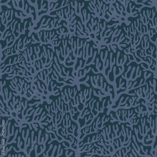 Coral reef Seamless Sea Pattern on Dark Background. Vintage coastal Minimalistic Print with Coral branches. Underwater sea life, coral and algae.