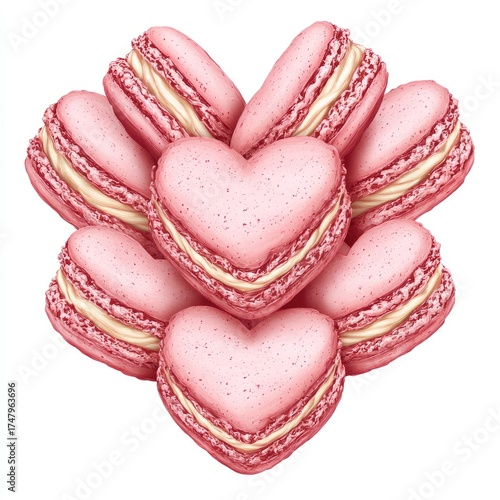 Heart-shaped pink macarons, stacked in a heart shape, with light cream filling