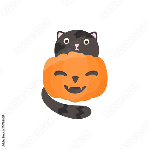 Vector illustration of a cute Halloween cat with a festive pumpkin, perfect for clipart, stickers, for autumn holiday designs, trick-or-treat themes, and kids party projects