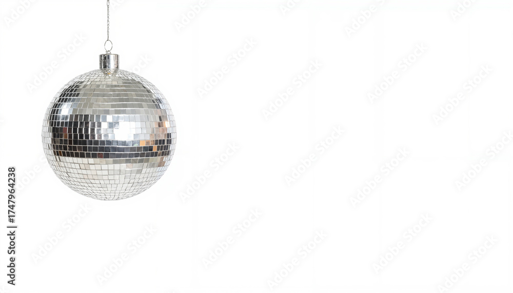 Fototapeta premium Silver disco ball hanging against a white background for parties copyspace