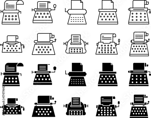 Vintage Typewriter Icons Set – Retro Writing Machine Vector Illustration