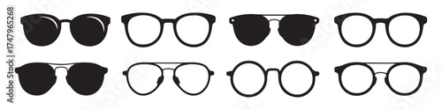 nine black silhouette icons of sunglasses and eyeglasses vector illustration