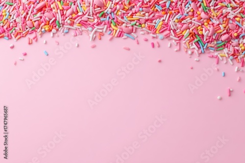 Colorful sprinkles border a pale pink background