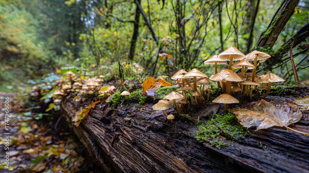 Fototapeta premium Vibrant cluster of delicate mushrooms emerges from a mossy log in a lush forest setting