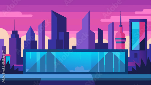 A panoramic panorama of a vibrant city skyline showcasing largescale digital murals on virtual billboards and walls.