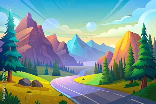 Mountain road surrounded by pine forest and misty valley, peaceful nature travel scenery illustration.