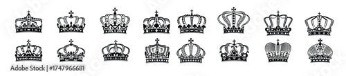 Royal crowns set in black on white background 