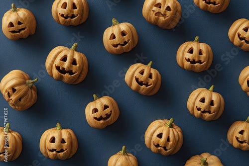 Small carved pumpkins arranged in a grid pattern on a dark blue background. Each pumpkin has a carved jack-o'-lantern face