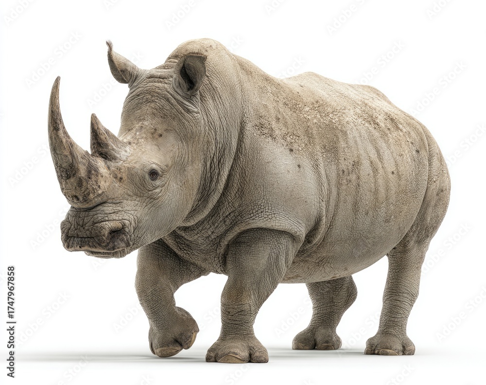 Obraz premium Large, gray rhino, facing forward, isolated