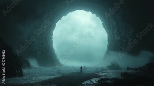 A Lone Figure Before a Giant Luminous Orb in a Mysterious Cave.