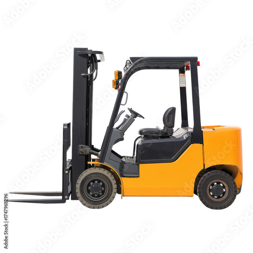 Yellow forklift truck side view isolated on Transparent Background