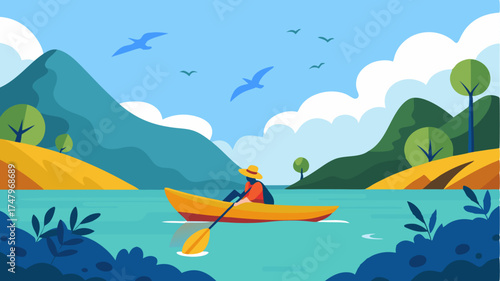A kayak gliding through calm waters in a pristine nature reserve with diverse bird species above and rich flora on the shore capturing ecofriendly water activities.