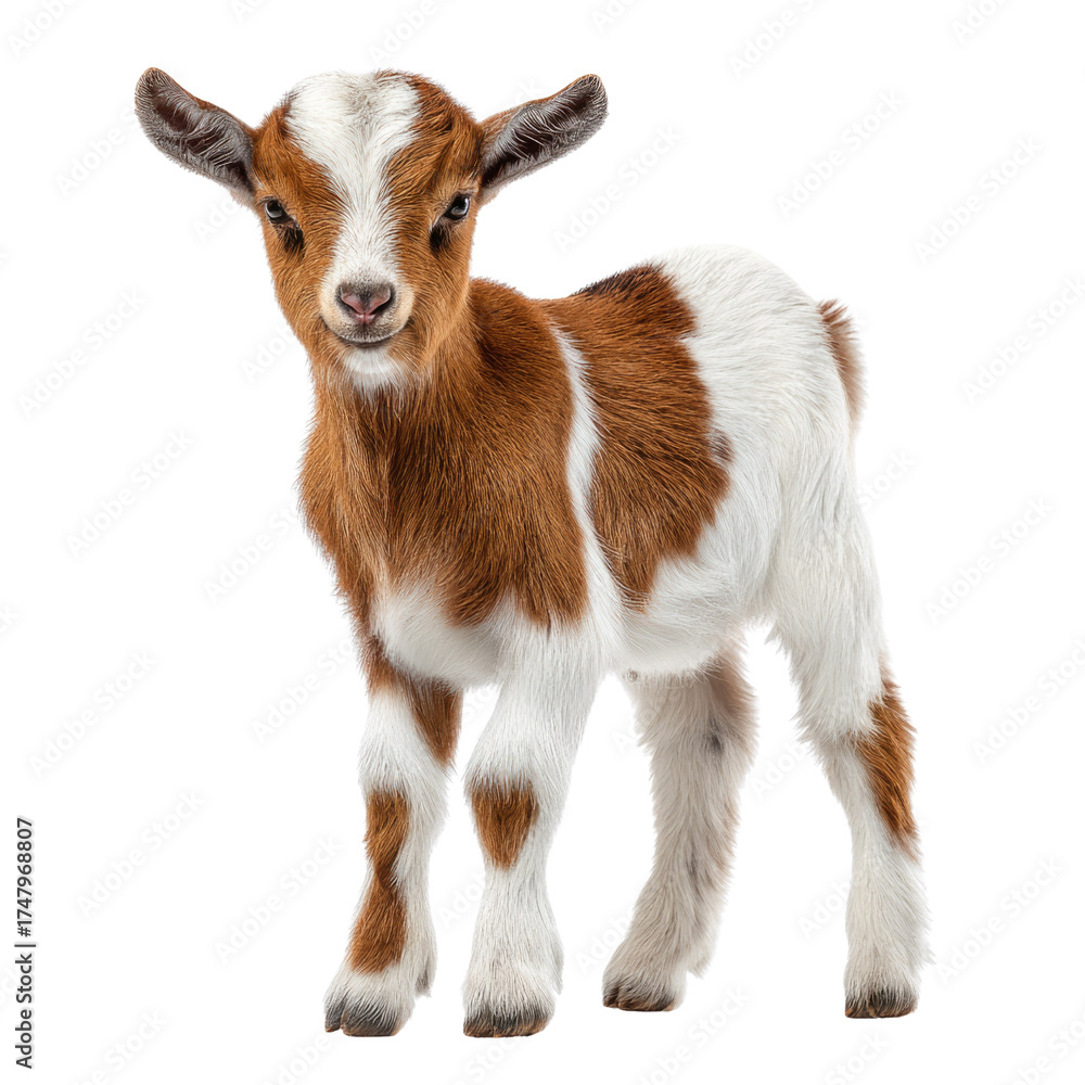 Fototapeta premium A cute baby goat, or kid, stands facing forward, showcasing its soft brown and white fur against a solid background. background removed