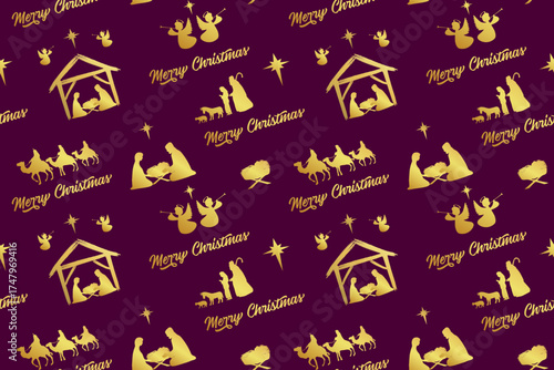 Christmas seamless background with holy night scene graphic elements. Gift box wrapping paper design