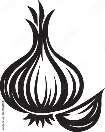Garlic Bulb and Clove Vector Icon Black & White Hand-Drawn Culinary Spice Illustration for Logo Food or Cooking Designs