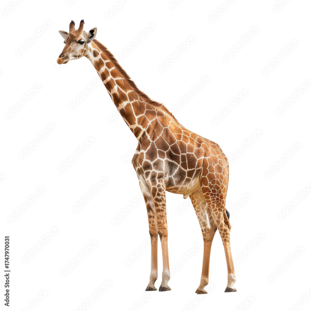 Fototapeta premium Standing giraffe full body side view isolated on Transparent Background