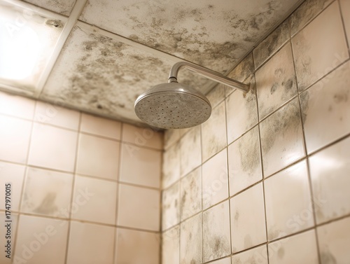 an unclean bathroom shower with visible mold in tile corners and on ceiling