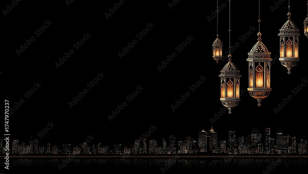 Fototapeta premium Ornate lanterns hang against a city skyline at night
