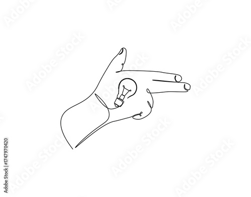 Continuous one line drawing of hand gun pose with lamp bulb. One line drawing illustration of hand and bulb mix. Idea, inspiration concept single line. Editable outline