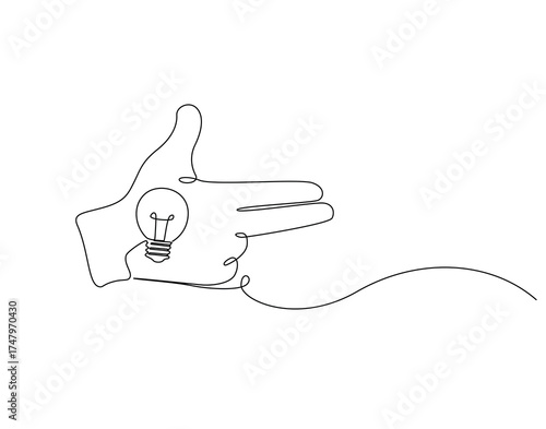 Continuous one line drawing of hand gun pose with lamp bulb. One line drawing illustration of hand and bulb mix. Idea, inspiration concept single line. Editable outline