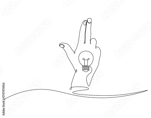 Continuous one line drawing of hand gun pose with lamp bulb. One line drawing illustration of hand and bulb mix. Idea, inspiration concept single line. Editable outline